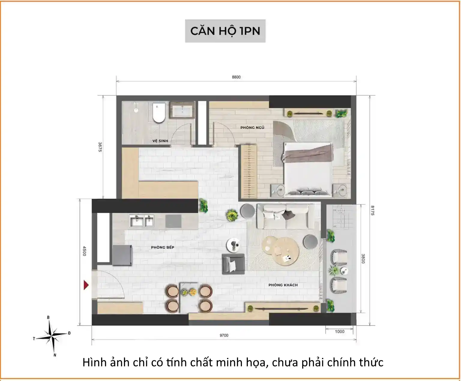 Mặt bằng thiết kế căn 1 ngủ The 7 Stars